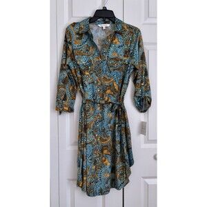 EMILY DANIELS WOMEN'S DRESS SHIRT TURQ PAUSLEY 3/4 SLEEVE ROLL TAB COLLARED
